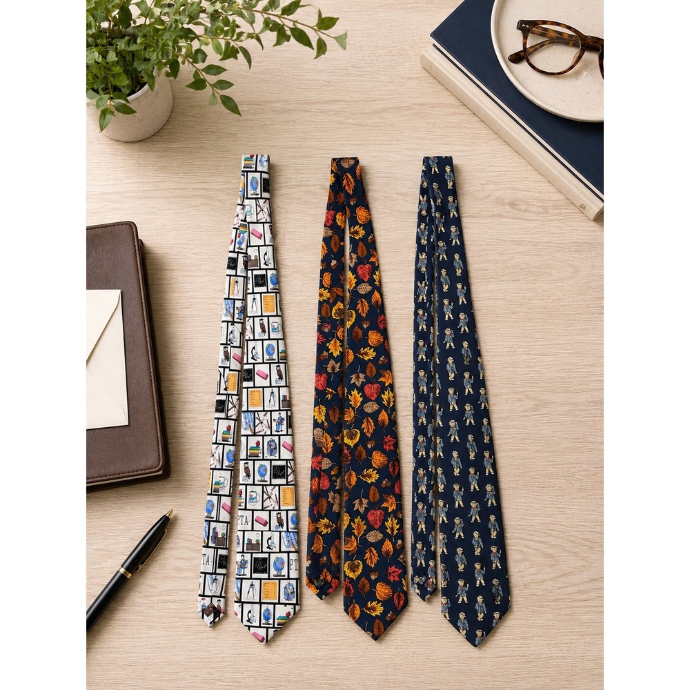 Lot of 3‎ Vintage Silk Ties Alynn Autumn Leaves Museum Artifacts PTA Phenix Bear